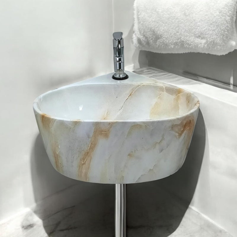 Reyal Premium Ceramic Triangular Corner Wash basin For Bathroom 14 x 13 x 6 Inch Ceramic Tabletop BasinBathroom BasinWall Mount BasinSmall Corner Basin Orange Cloud Glossy - Image 1