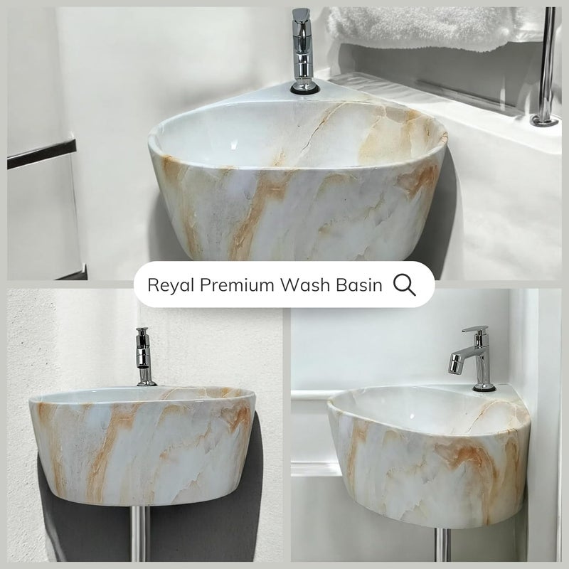 Reyal Premium Ceramic Triangular Corner Wash basin For Bathroom 14 x 13 x 6 Inch Ceramic Tabletop BasinBathroom BasinWall Mount BasinSmall Corner Basin Orange Cloud Glossy - Image 5