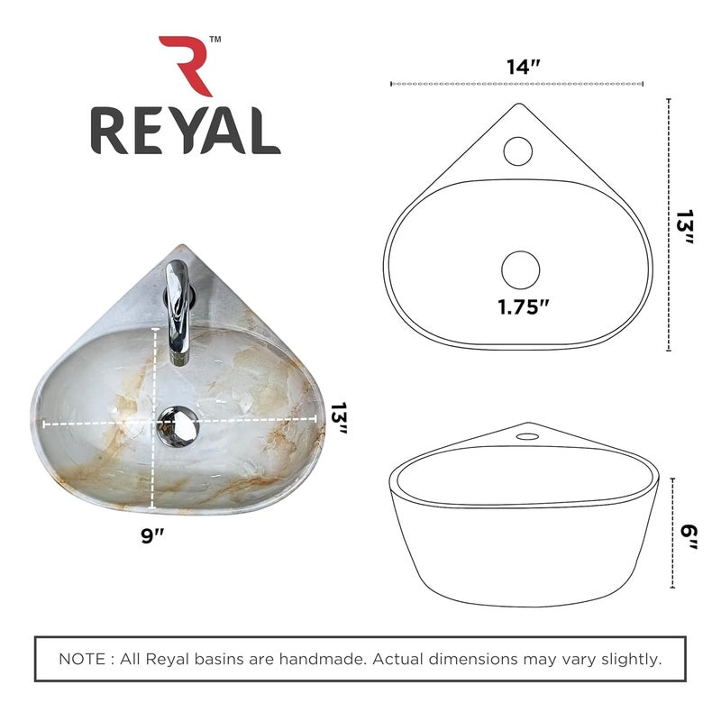 Reyal Premium Ceramic Triangular Corner Wash basin For Bathroom 14 x 13 x 6 Inch Ceramic Tabletop BasinBathroom BasinWall Mount BasinSmall Corner Basin Orange Cloud Glossy - Image 4