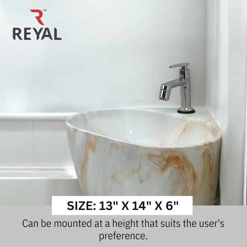 Reyal Premium Ceramic Triangular Corner Wash basin For Bathroom 14 x 13 x 6 Inch Ceramic Tabletop BasinBathroom BasinWall Mount BasinSmall Corner Basin Orange Cloud Glossy - Image 3