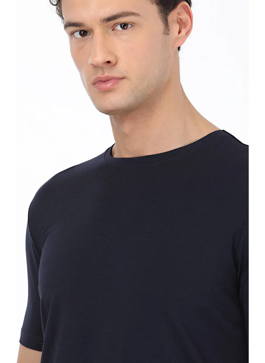 كيب Navy Blue Crew Neck Cotton Blend T-Shirt