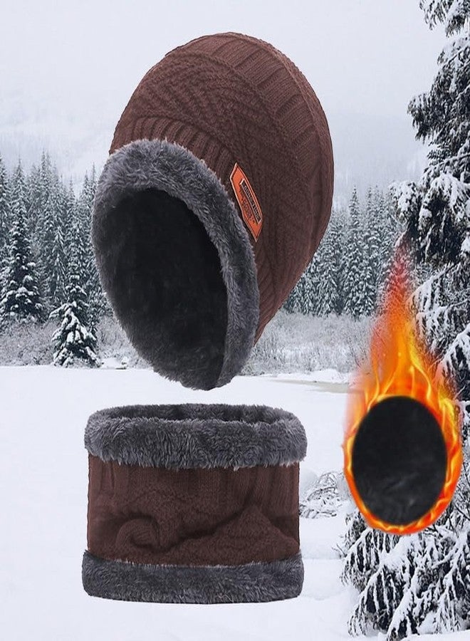 Missby Mens Womens Winter Beanie Hats Scarf Set Warm Knit Hat Thick Fleece Lined Slouchy Cap Neck Warmer combo for Men Women (Brown) - Image 4