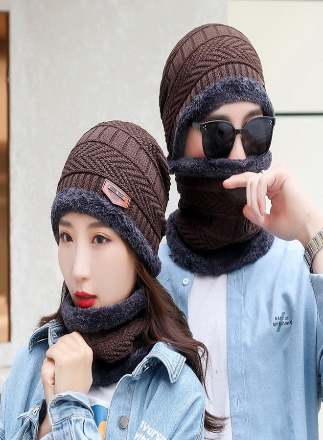 Missby Mens Womens Winter Beanie Hats Scarf Set Warm Knit Hat Thick Fleece Lined Slouchy Cap Neck Warmer combo for Men Women (Brown) - Image 3