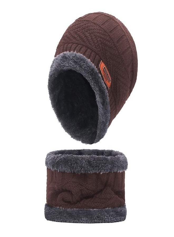 Missby Mens Womens Winter Beanie Hats Scarf Set Warm Knit Hat Thick Fleece Lined Slouchy Cap Neck Warmer combo for Men Women (Brown) - Image 2