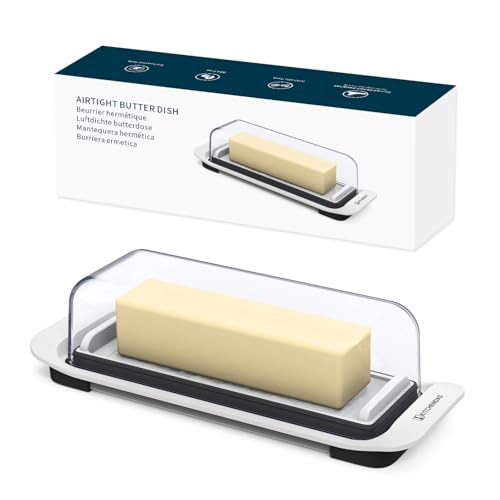 KITCHENDAO Airtight Butter Dish with Lid for Countertop and Refrigerator Door Shelf, Butter Keeper, Plastic Butter Holder Tray Container for West/East Coast Butter, White - Image 1