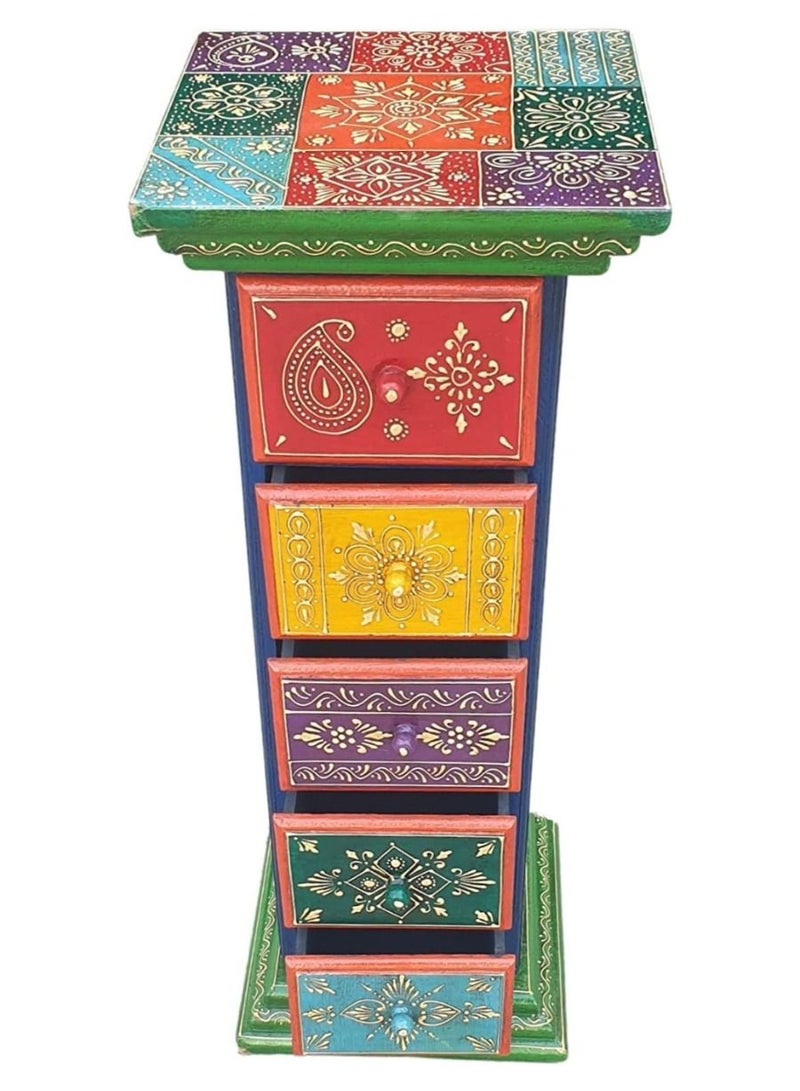 QUESERA كرسي خشبي بجانب السرير مكون من 5 أدراج مصنوع يدويًا بألوان راجستان مرسومة يدويًا