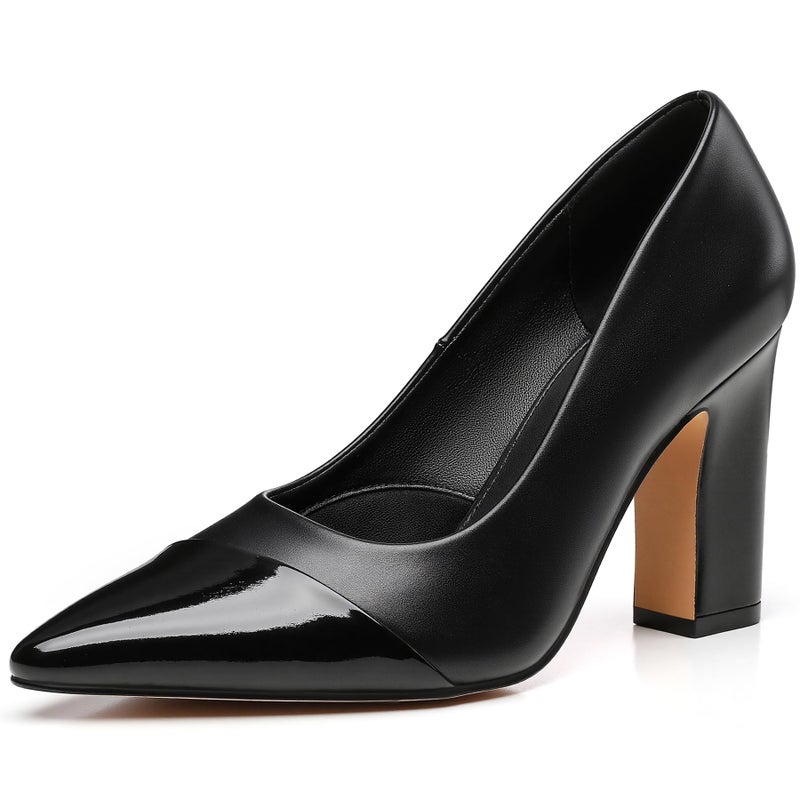 Trary Black Heels Closed Pointed Toe Chunky Pumps Shoes Women Comfortable Block High Heels Slip-On Office Party Wedding Dress Women's Shoes 3.54" Heel Size 9 - Image 1