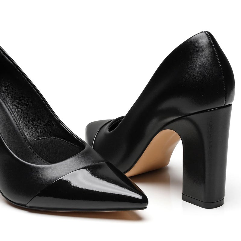 Trary Black Heels Closed Pointed Toe Chunky Pumps Shoes Women Comfortable Block High Heels Slip-On Office Party Wedding Dress Women's Shoes 3.54" Heel Size 9 - Image 2