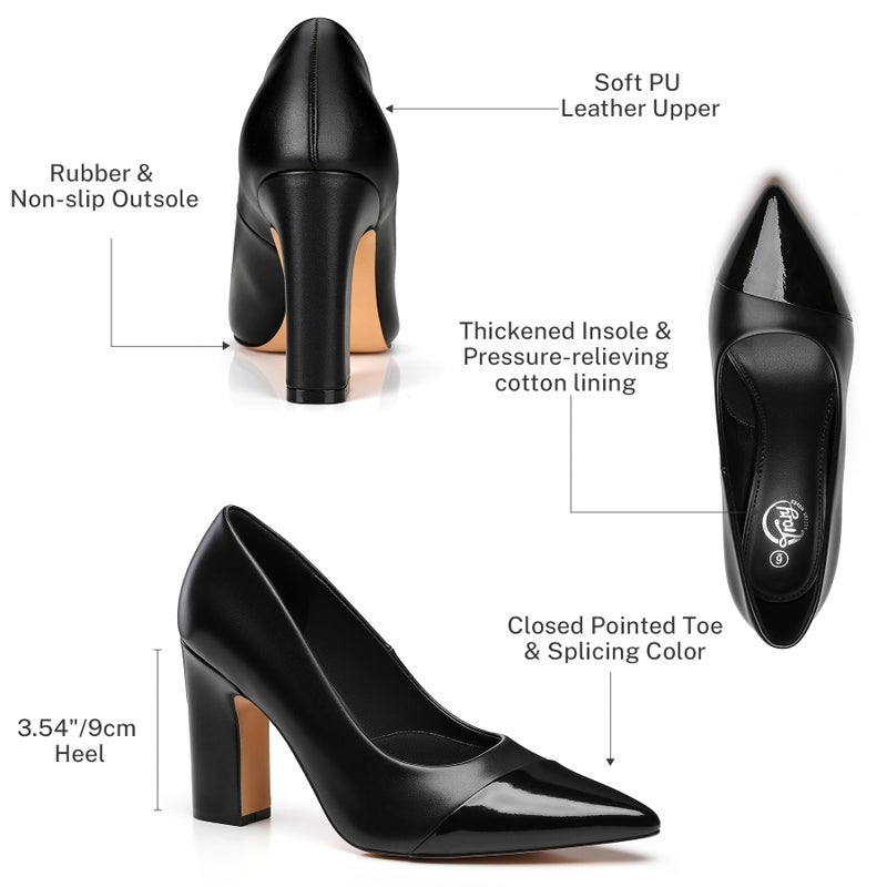 Trary Black Heels Closed Pointed Toe Chunky Pumps Shoes Women Comfortable Block High Heels Slip-On Office Party Wedding Dress Women's Shoes 3.54" Heel Size 9 - Image 4