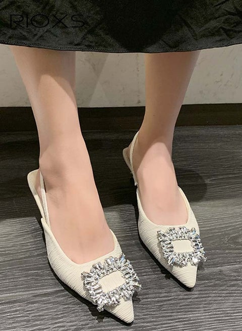 Women's Strappy Closed Toe Heeled Sandals, Pointed Toe Low Chunky Block Heels, Slip-On Backless Heeled Sandals with Rhinestones Buckle, Laides Ankle Strap Dress Sandals, Wedding Party Pumps Sandals, Slides Sandals for Party, Casual, Work, Date, Cocktail, Nightclub, Beige