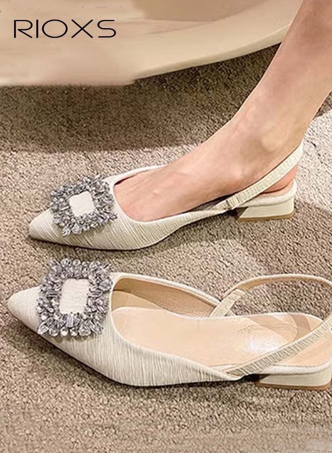 RIOXS Women's Strappy Slingback Heeled Sandals, Pointed Toe Low Chunky Block Heels, Slip-On Backless Heeled Sandals with Rhinestones Buckle, Laides Ankle Strap Dress Sandals, Wedding Party Pumps Sandals, Slides Sandals for Party, Casual, Work, Date, Cocktail, Nightclub, Beige - Image 1