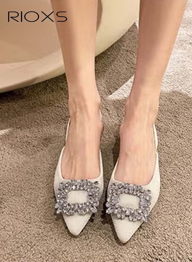 RIOXS Women's Strappy Slingback Heeled Sandals, Pointed Toe Low Chunky Block Heels, Slip-On Backless Heeled Sandals with Rhinestones Buckle, Laides Ankle Strap Dress Sandals, Wedding Party Pumps Sandals, Slides Sandals for Party, Casual, Work, Date, Cocktail, Nightclub, Beige - Image 3