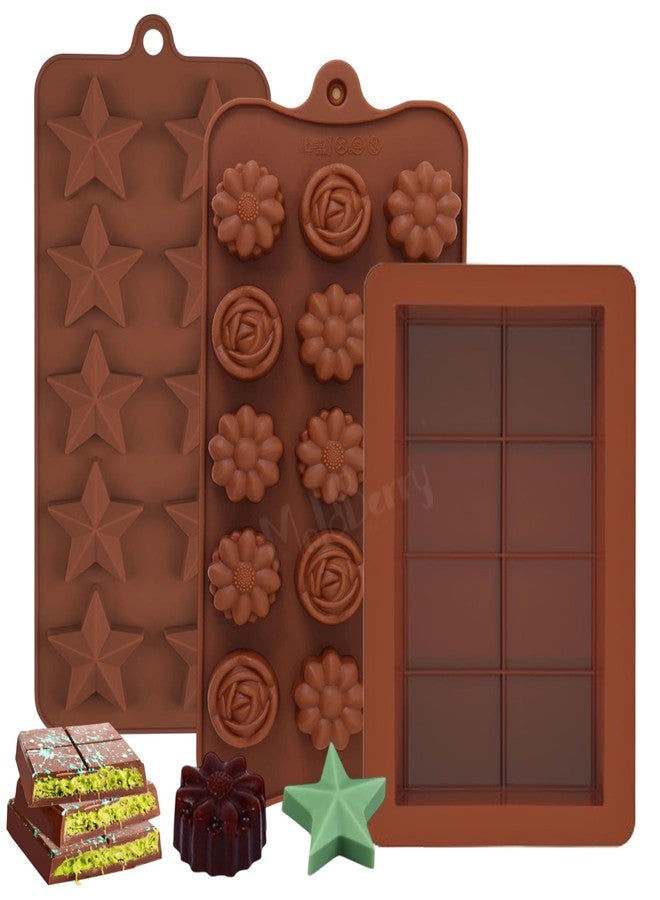 MoldBerry Silicone Chocolate Mould Combo | Flower, Star & Kunafa Chocolate Bar Mould | Food Grade Flexible Silicone Candy, Chocolate, Jelly & Dessert Mould for Home Baking | Pack 3 - Image 1