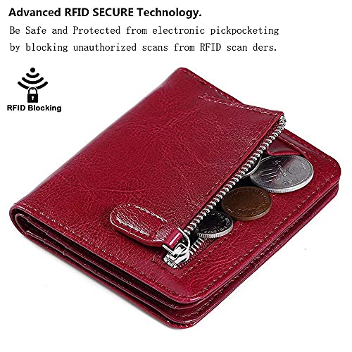 FT FUNTOR FUNTOR Leather Wallet for Women, Ladies Small Compact Bifold Pocket RFID Blocking Wallet for Women, Waxed Red - Image 3