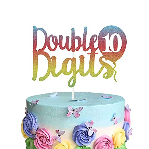 Festiko®Rainbow Glitter Double Digits 10th Birthday Cake Topper,10 Year Old Balloon Birthday Cake Decor, 10th Anniversary Party Decorations Supplies - Image 1