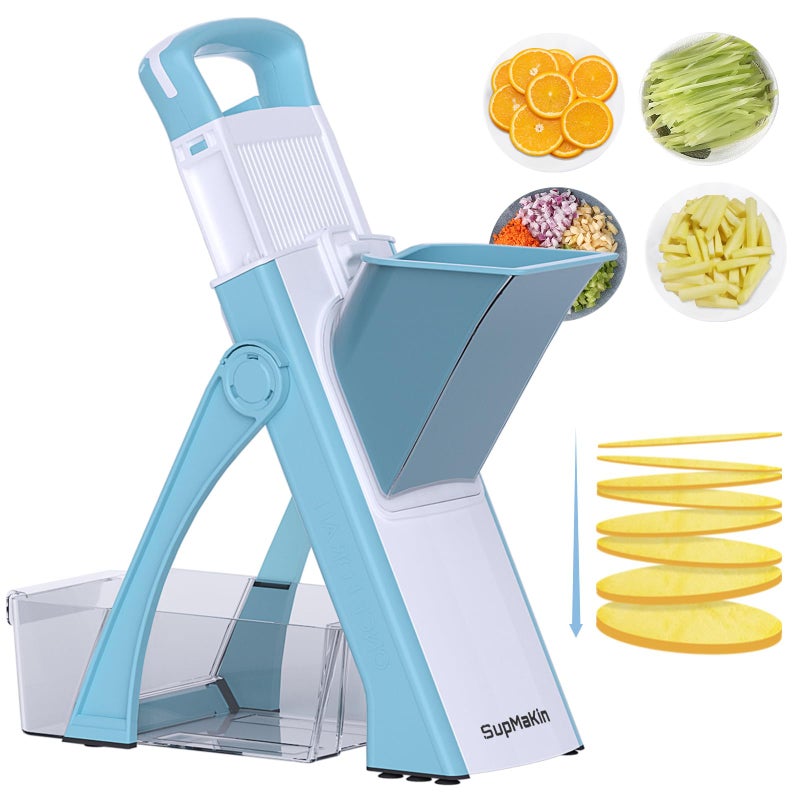Upgrade Safe Mandoline Slicer Plus for Kitchen SupMaKin Bigger Port Vegetable Food Potato Chopper Adjustable Thickness Julienne  Dicer Salad Making Chopping Artifact Blue  White