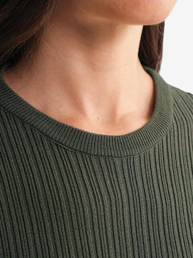 Mixray Khaki Green Mixray Soft Textured Ribbed Fitted Top for Women | Best Price UAE