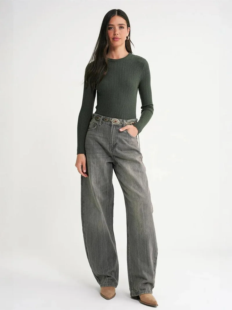 Mixray Khaki Green Mixray Soft Textured Ribbed Fitted Top for Women | Best Price UAE