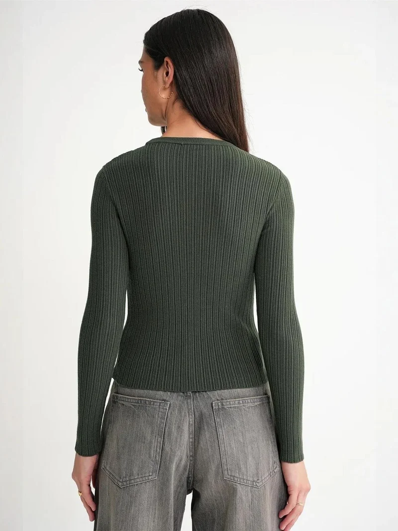 Mixray Khaki Green Mixray Soft Textured Ribbed Fitted Top for Women | Best Price UAE