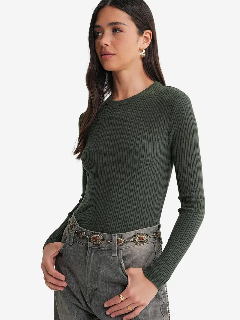 Mixray Khaki Green Mixray Soft Textured Ribbed Fitted Top for Women | Best Price UAE
