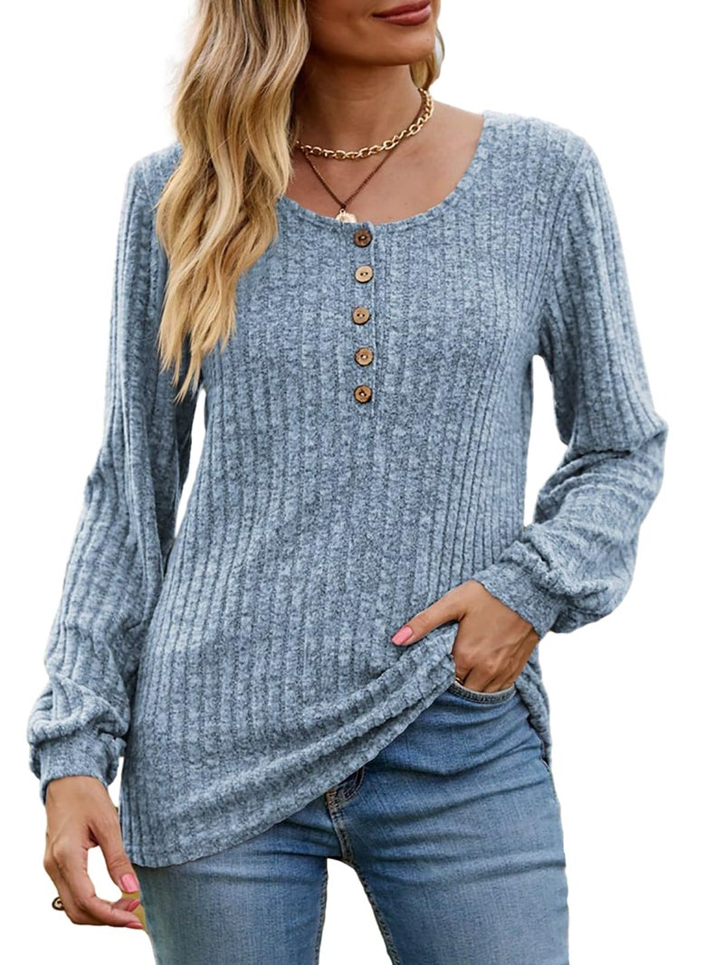 DB MOON Womens Long Sleeve Tops Lightweight Sweaters 2026 Fall Henley Shirt Casual Crewneck Loose Tunic XL Blue - Image 2