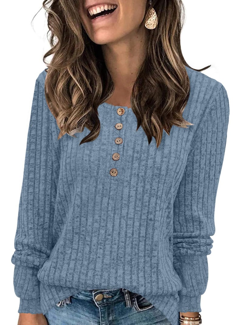 DB MOON Womens Long Sleeve Tops Lightweight Sweaters 2026 Fall Henley Shirt Casual Crewneck Loose Tunic XL Blue - Image 1