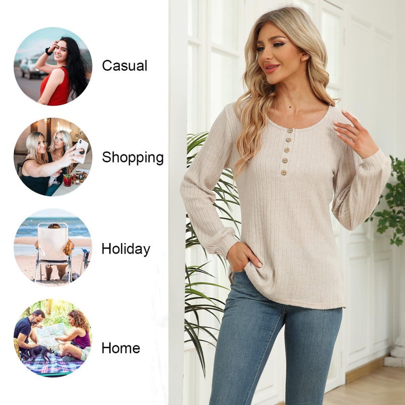 DB MOON Womens Long Sleeve Tops Lightweight Sweaters 2026 Fall Henley Shirt Casual Crewneck Loose Tunic XL Blue - Image 5