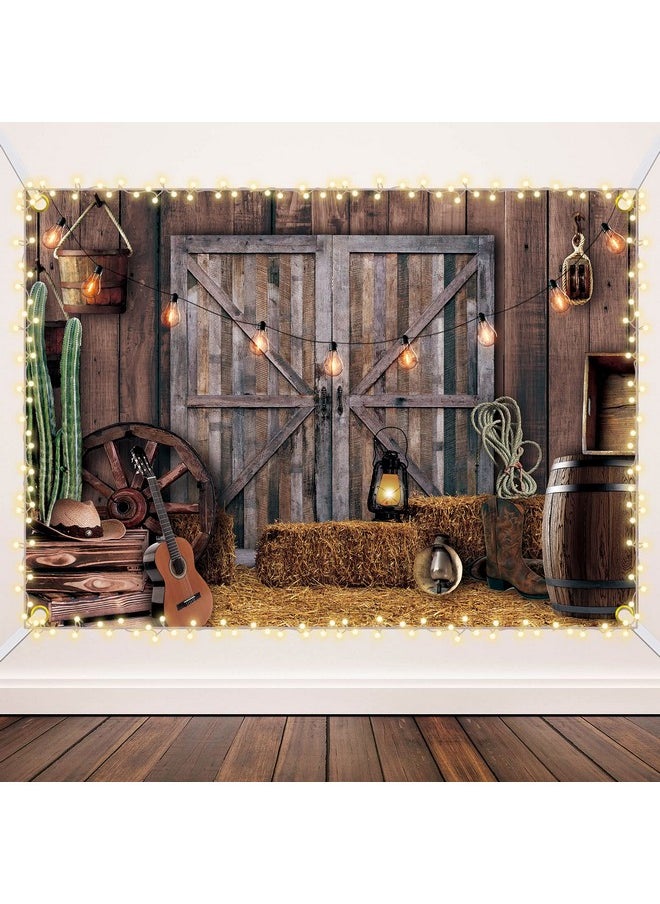 Moukeren - Western Cowboy Backdrop Western Party Supplies Decorations Wild West Decor Rustic Wooden House Barn Photography Background For Kids Boy Children Boy Baby Birthday Banner Photo Booth (7 X 5 Ft) - Image 1