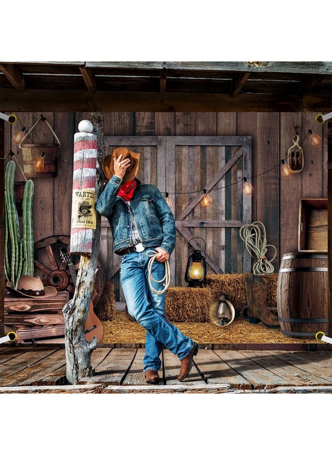 Moukeren - Western Cowboy Backdrop Western Party Supplies Decorations Wild West Decor Rustic Wooden House Barn Photography Background For Kids Boy Children Boy Baby Birthday Banner Photo Booth (7 X 5 Ft) - Image 1