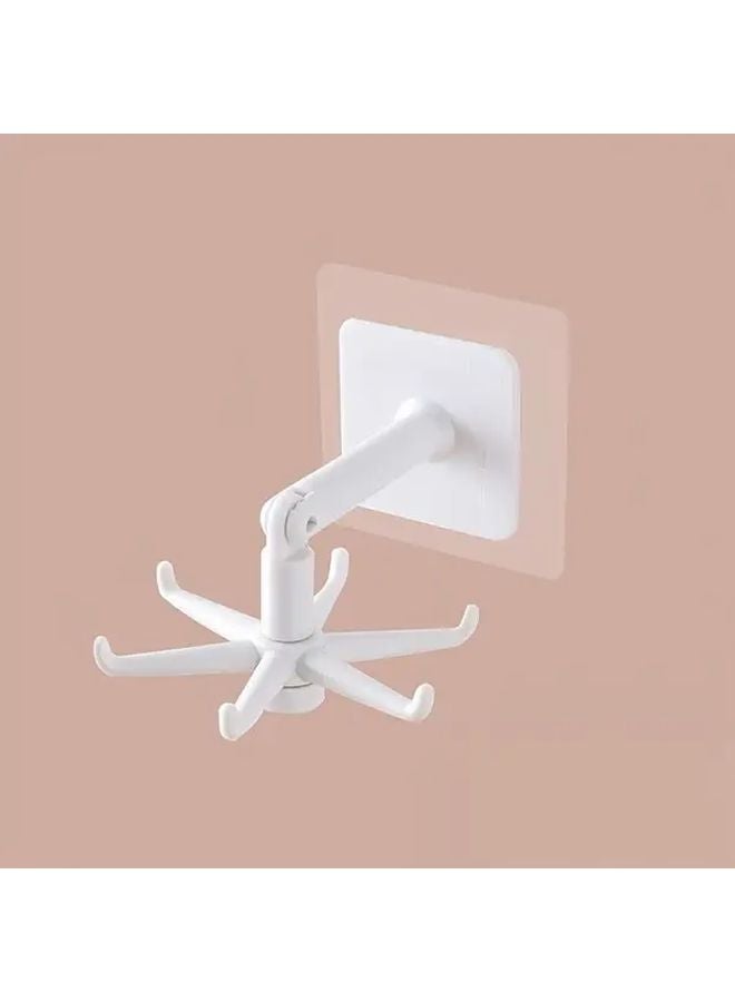 1pc White 6 Hook Rotating Wall Hooks No Drill Adhesive Installation Strong Hold Organizer - Image 1