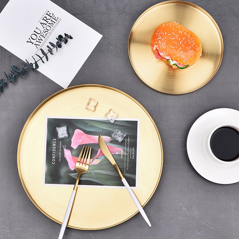 2pcs Round Straight-sided Tray Stainless Steel Storage Tray Nordic Style Storage Round Plate Cosmetics Jewelry Tea Plate for Women Size Small Golden - Image 4