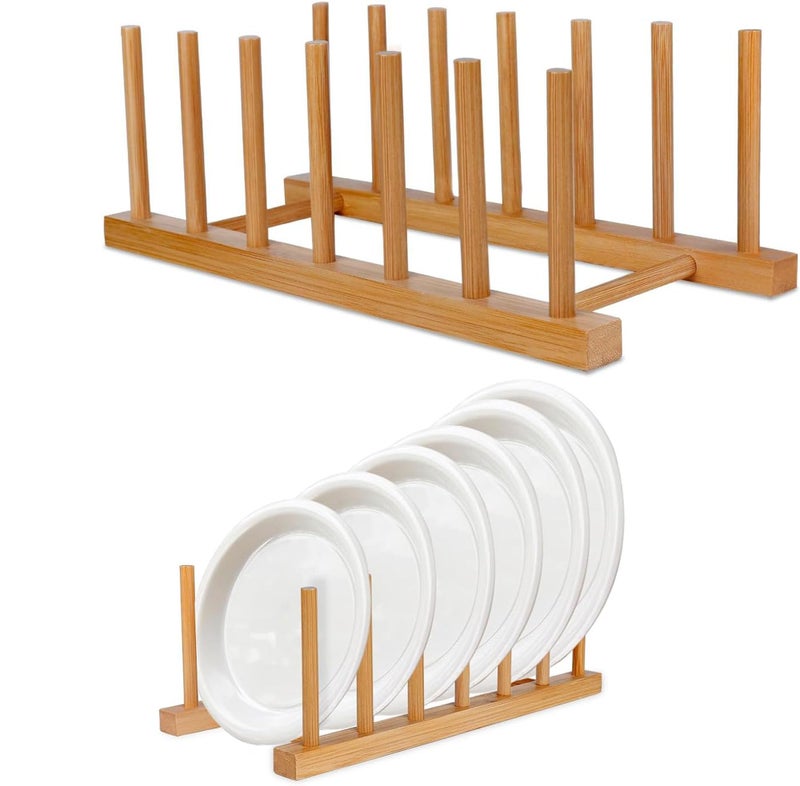 CURATED CART Bamboo Wooden Dish Rack Plate Stand - Kitchen Counter Organizer for Plate, Cup, Bowl, and Dish Storage with Drying Drainer & Drainboard - 6 Adjustable Slots (12x30cm) - Image 1