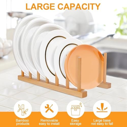 CURATED CART Bamboo Wooden Dish Rack Plate Stand - Kitchen Counter Organizer for Plate, Cup, Bowl, and Dish Storage with Drying Drainer & Drainboard - 6 Adjustable Slots (12x30cm) - Image 5