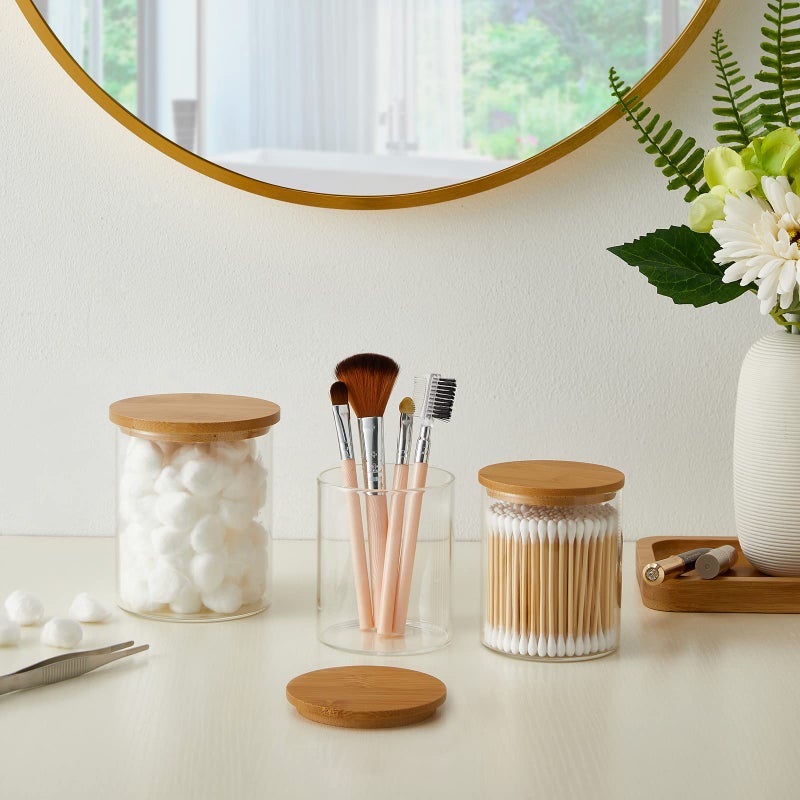 INIUNIK Glass Qtip Holder Dispenser with Bamboo Lid - 2 Pack Apothecary Jars - Cotton Balls Pads Swabs Holder Jar - Bathroom Vanity Canisters Jars for Countertop Storage and Organization - Image 3