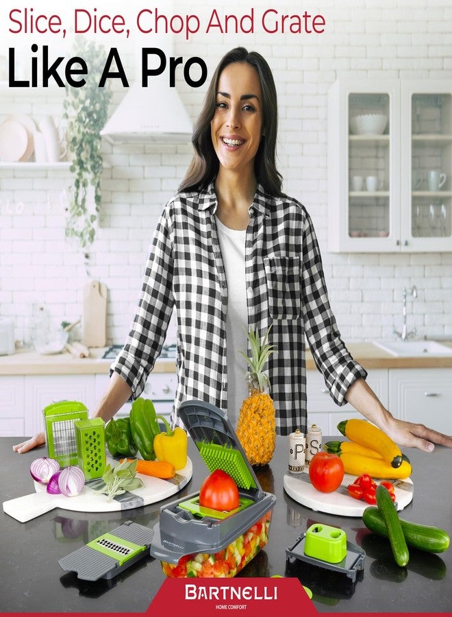 Bartnelli Vegetable Chopper Food Slicer Pro | 15 Pc MultiFuctional Kitchen Gadgets for Onion, Veggie, Cheese Grater, Vegetables Cutter With Large Container, Easy to Clean, With Bonus Brush and Fork - Image 2