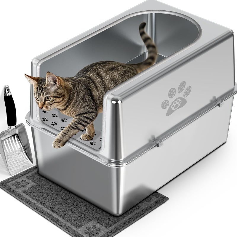 PWTAA Enclosed Stainless Steel Cat Litter Box with Lid, XL Metal Litter Box for Big Cats, Extra Large Cat Toilet with High Side, Non-Stick, Anti-Leakage, Odorless, with Cats Litter Mat & Litter Scoop - Image 1