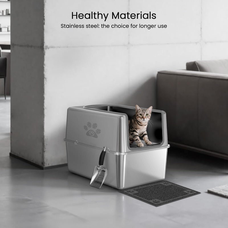 PWTAA Enclosed Stainless Steel Cat Litter Box with Lid, XL Metal Litter Box for Big Cats, Extra Large Cat Toilet with High Side, Non-Stick, Anti-Leakage, Odorless, with Cats Litter Mat & Litter Scoop - Image 2