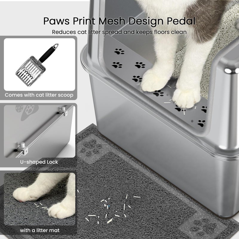 PWTAA Enclosed Stainless Steel Cat Litter Box with Lid, XL Metal Litter Box for Big Cats, Extra Large Cat Toilet with High Side, Non-Stick, Anti-Leakage, Odorless, with Cats Litter Mat & Litter Scoop - Image 5