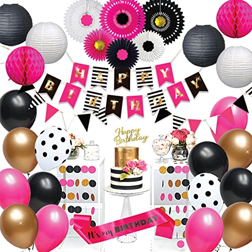 RainMeadow Hot Pink and Black Birthday Decorations for Women Hot Pink and Black Party Decorations Happy Birthday Banner Garland Paper Decor Balloons Cake Topper Sash and More - Image 1