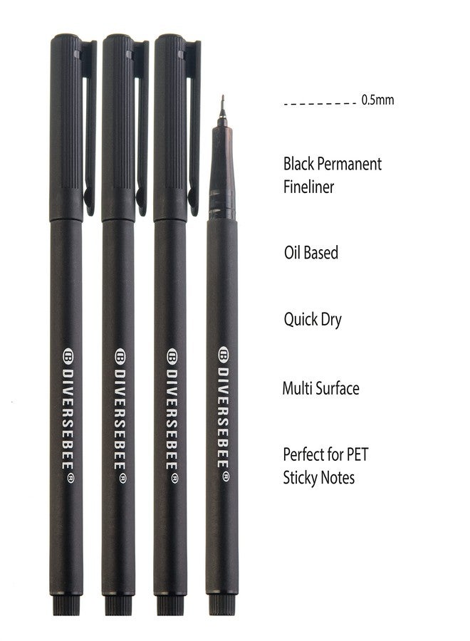 DIVERSEBEE Fine Tip Permanent Pens, 4 Pack Quick Dry Markers, Transparent Sticky Notes Writing Pens, Office School Art Supplies, Black Oil Based Fineliners - Image 2