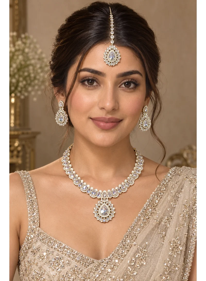 Lehar White Kundan & Pearl Choker Set with Teardrop Pendant, Earrings & Maang Tikka – Indian Bridal Jewelry