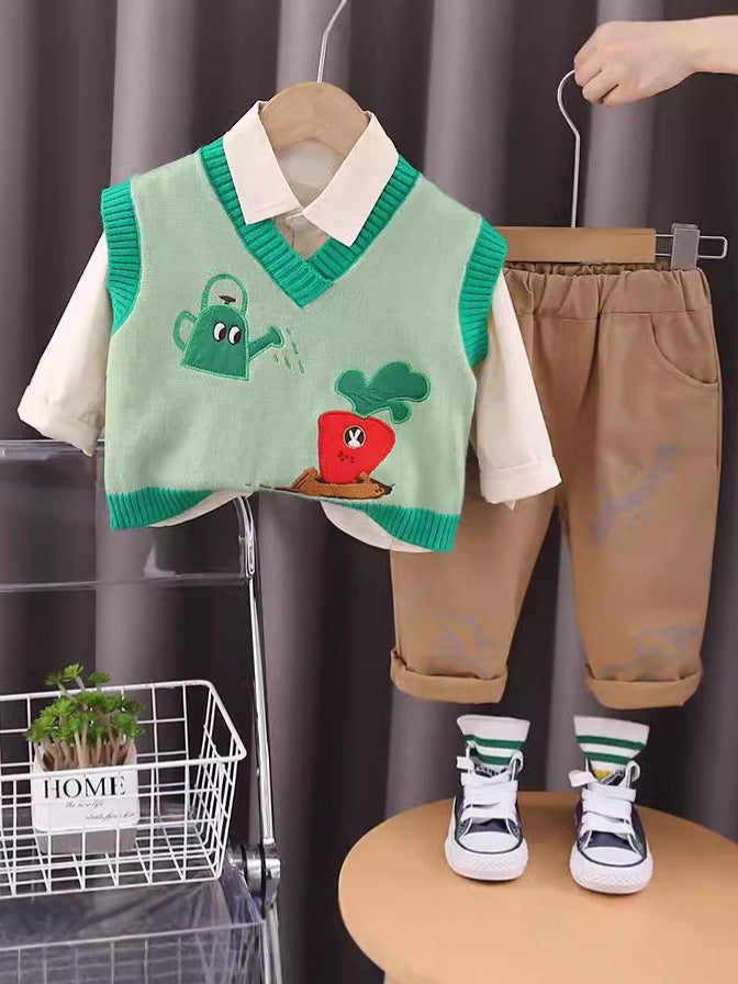 Children'S Autumn Vest Suit Handsome Boys Baby College Style Sweater Vest Shirt Three-Piece Set - Image 3