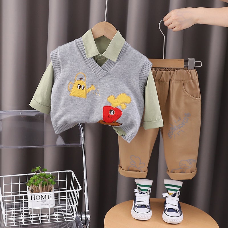 Children'S Autumn Vest Suit Handsome Boys Baby College Style Sweater Vest Shirt Three-Piece Set - Image 1