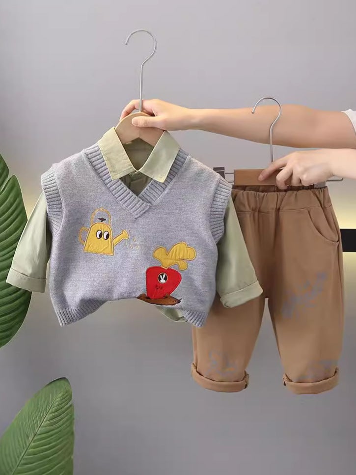 Children'S Autumn Vest Suit Handsome Boys Baby College Style Sweater Vest Shirt Three-Piece Set - Image 5