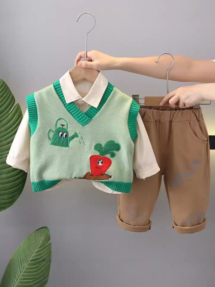 Children'S Autumn Vest Suit Handsome Boys Baby College Style Sweater Vest Shirt Three-Piece Set - Image 4