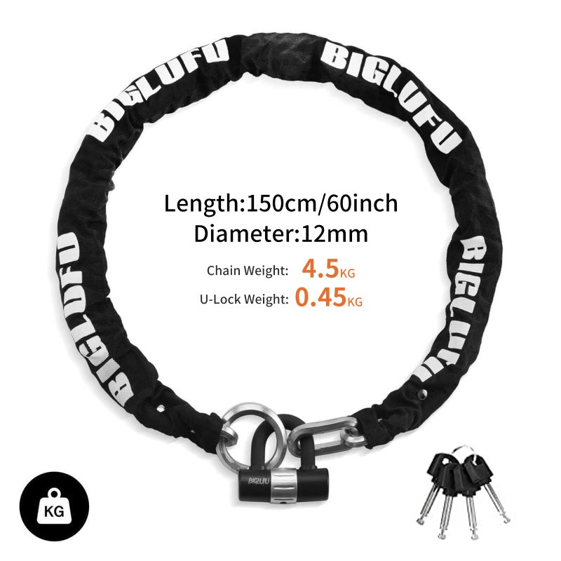BIGLUFU Motorcycle Lock Chain Locks with 4Keys 16mm U Lock, 150cm/5ft Heavy Duty Long Chain, Cut Proof 12mm Thick Chains, Ideal for Motorcycles, Motorbike, Bike, Generator, Gates, Bicycle, Scooter - Image 2