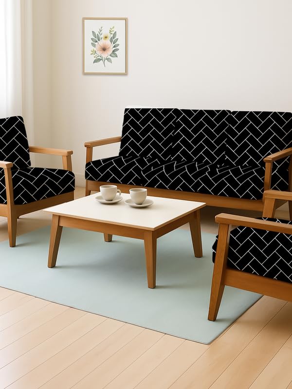 HOTKEI Black Brick (Pack of 10) 200 GSM Fabric Wooden Sofa Seat Cover Elastic Stretchable Cushion Seat Slip Cover Protector for Wooden Sofa Set 5 Seater Antislip Full Covers for Living Room - Image 1