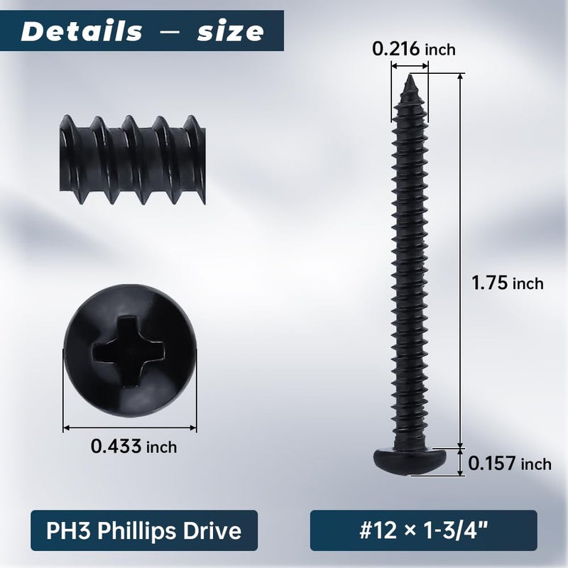 Glvaner #12 x 1-3/4 inch Phillips Pan Head Self Tapping Screws for Wood, Black Coated, 304 Stainless Steel 18-8, Round Head Sheet Metal Tek Screws, 30 pcs - Image 2