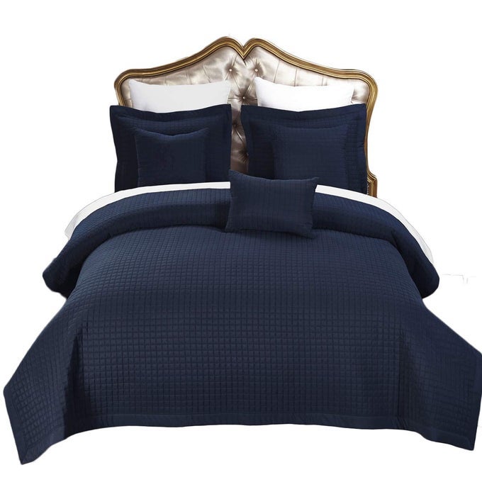 CHECKERED STYLE SOFT AND PLUSH COVERLET 3PC SET STITCHED FILLED BEDSPREAD EXTRA SOFT BED COVER CHECKERED PATTERN QUILTED BED QUILT NAVY QUEEN