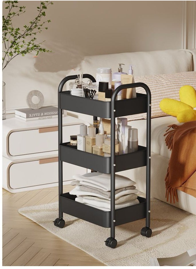 3 Tier Metal Utility Rolling Cart, Metal Tray Storage Organizer Cart, Art Craft Cart with 4 Hooks for Kitchen Bathroom Office Living Room(Black)